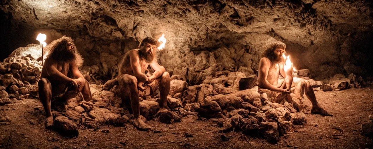 Image similar to caveman sitting alone next to a fire and a giant mound of spaghetti in a cave at night, canon 5 0 mm, super detailed face, facial expression, cinematic lighting, photography, retro, film, kodachrome