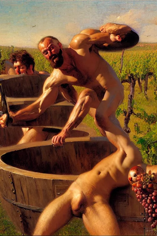 Prompt: muscular, hairy male stomping grapes in a large wooden vat, near a vineyard, tuscan village painting by gaston bussiere, craig mullins, j. c. leyendecker, tom of finland