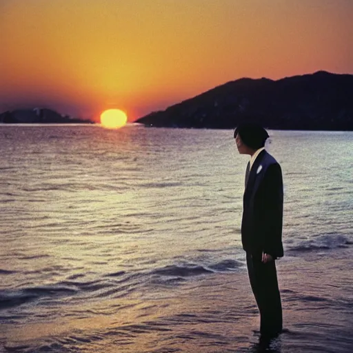 Prompt: japanese man with long hair wearing a beige suit and black pants standing in the ocean, facing the camera, face visible, sunset, night, wide shot, tatsuro yamashita, album cover, 1980s japan, grammy award winning