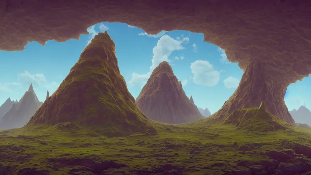 Image similar to first person perspective digital illustration of Death Mountain in Hyrule reimagined by industrial light and magic:1|wide angle panoramic by beeple and Roger Dean, viewed from eye level:0.9|fantasy, horizontal symmetry, cinematic, architectural design by Frank Gehry:0.9|Unreal Engine, Octane, finalRender, devfiantArt, artstation, artstation HQ, behance, HD, 16k resolution:0.8