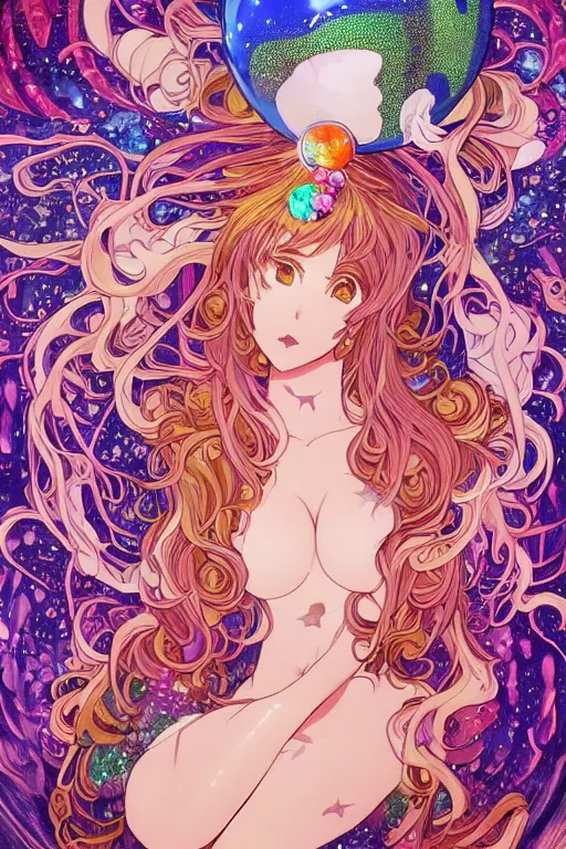 Image similar to psychedelic, intricate, highly detailed, anime, 4k, beautiful seductive slime monstergirl holding a huge orb containing the universe, with professional makeup, long trippy hair, surrounded by gems, underneath the stars, trending on patreon, deviantart, twitter, artstation, volumetric lighting, heavy contrast, by artgerm and Ilya Kuvshinov and alphonse mucha, interstellar galaxy