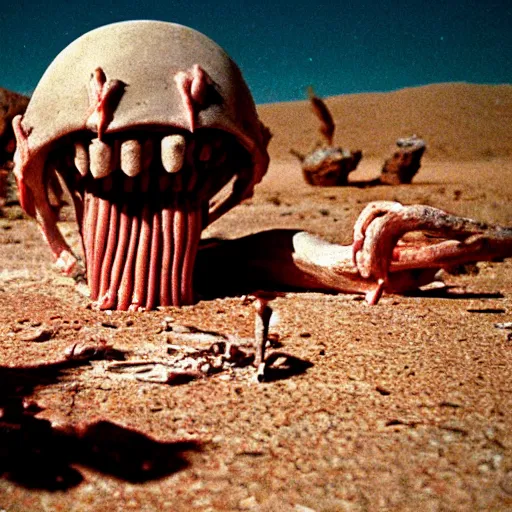 Image similar to in the desert a bloody horrifying The Thing creature made of muscle and bone and blood, mid day, 35mm photography, realistic,