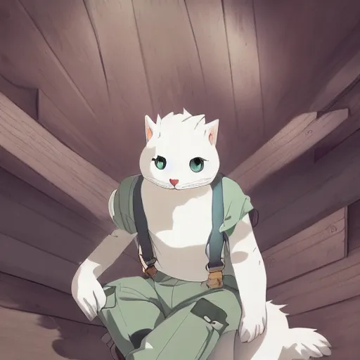 Image similar to overweight white cat cat wearing overalls and a long sleeved sweater, fursona, anthro, male, anime key visual, detailed white fur, makoto shinkai, portrait