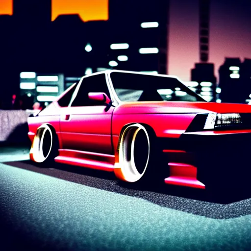 Image similar to a car Nissan Silvia at illegal car meet, Shibuya prefecture, city sunset, cinematic color, photorealistic, highly detailed