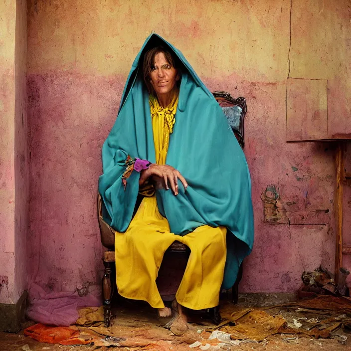 Prompt: closeup portrait of a woman with a cloak made of rainbows, sitting in a chair in an abandoned house, by Annie Leibovitz and Steve McCurry, natural light, detailed face, CANON Eos C300, ƒ1.8, 35mm, 8K, medium-format print