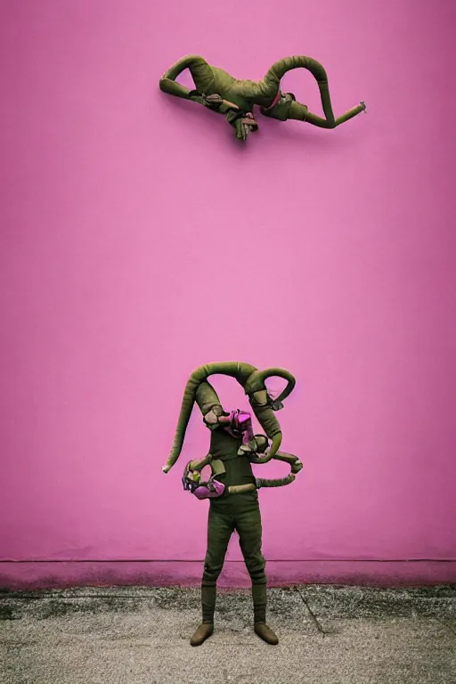 Image similar to a surreal portrait of intertwined and contorted figures wearing gas mask next to a pink wall in the style of brooke didonato, editorial fashion photography from vogue magazine, full shot, nikon d 8 1 0, ƒ / 2. 5, focal length : 8 5. 0 mm, exposure time : 1 / 8 0 0, iso : 2 0 0