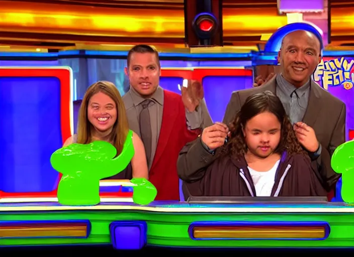 Prompt: the episode of Family Feud where everyone gets covered with nickelodeon slime hd