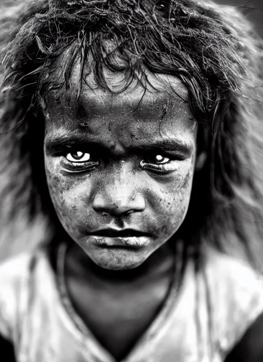 Image similar to Award winning Editorial photo of a Native Nauruans with incredible hair and beautiful hyper-detailed eyes wearing traditional garb by Lee Jeffries, 85mm ND 5, perfect lighting, gelatin silver process