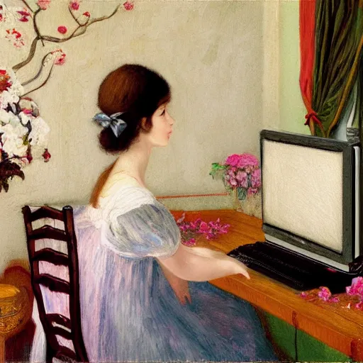 Prompt: full room view, skinny female artist back view, dark hair, white pink flowers manga babydoll dress, typing on a computer keyboard facing a giant wall size computer screen in the style of renaissance oil painting, impressionism