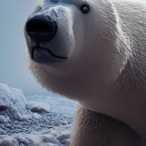 Image similar to a polar bear by issey miyake, immaculate scale, hyper-realistic, Unreal Engine, Octane Render, digital art, trending on Artstation, 4k, detailed, atmospheric