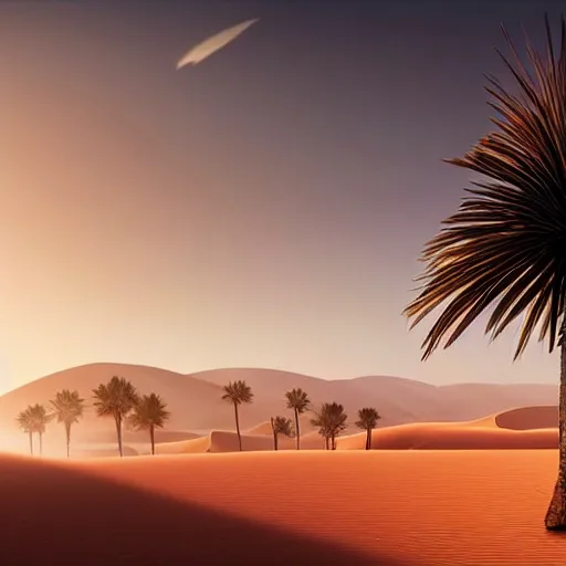 Image similar to desert dunes at sunset, palm trees, two camels in the foreground, long shadows, stars, twilight, dust, volumetric light, foggy, particles, atmospheric, dramatic lighting, by greg rutkowski, artstation