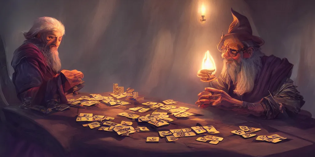 Image similar to wizard shuffling cards, cards, fantasy, digital art, soft lighting, concept art, 8 k