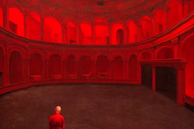 Image similar to only with red, crowd screaming, an exposed picture in a roman theater, in the style of beksinski, parts by edward hopper, parts by rodcenko, parts by yue minjun, intricate and epic composition, red by caravaggio, insanely quality, highly detailed, masterpiece, red light, artstation, 4 k