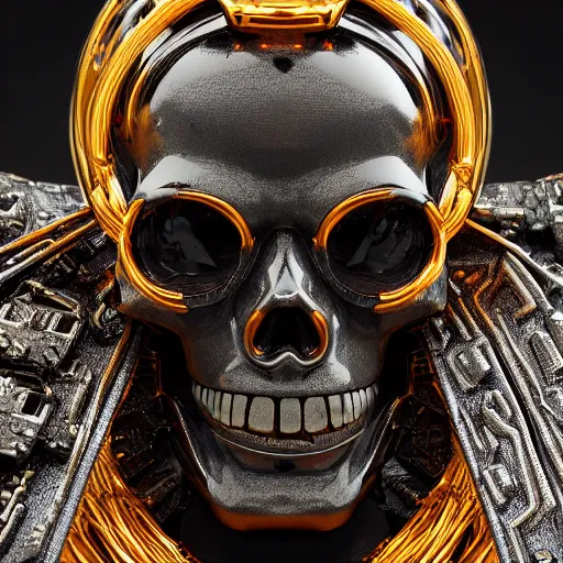 Image similar to portrait of an evil skull marble statue, black and gold wires, hightech, cyberpunk, by kim jung gi, irakli nadar, bright vivid colors, octane render, corona render