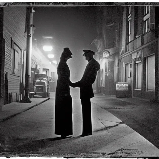 Image similar to random film still from a 1 9 4 0's film noir movie with a man and woman kissing under a street light