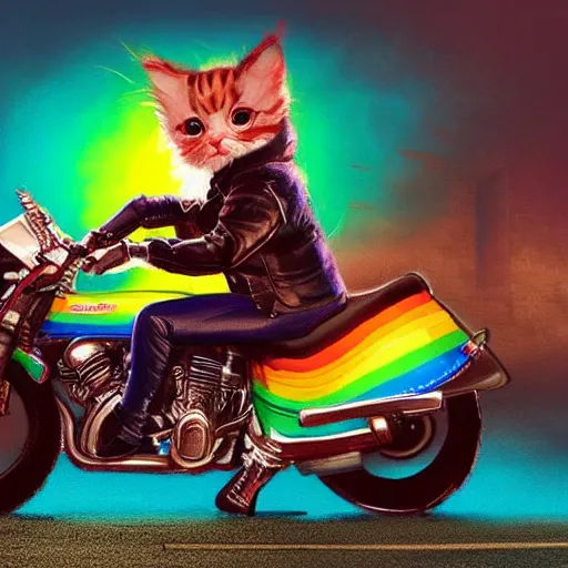 Image similar to wide angle full body, jacket wearing fluffy cute rainbow kitten wearing a black leather motorcycle jacket, riding on a motorcycle, cinematic concept art