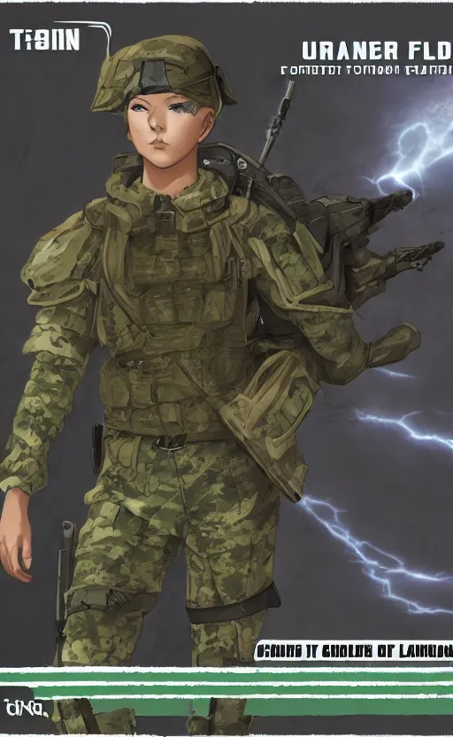 Image similar to girl, trading card front, soldier clothing, combat gear, realistic anatomy, illustration, by ufotable studio, green screen, matte, volumetric lightning