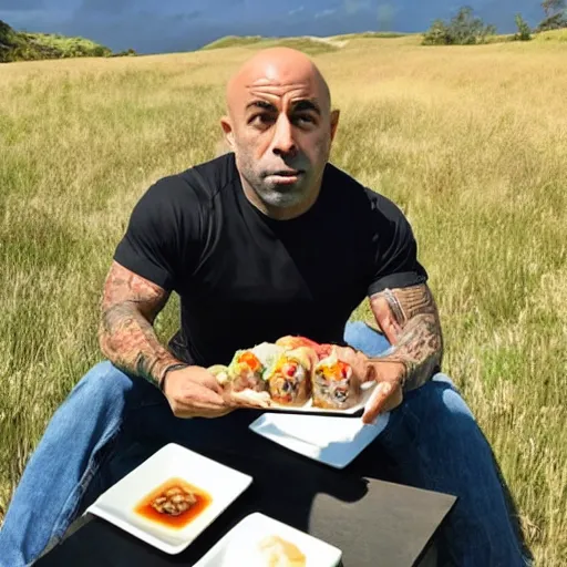 Prompt: joe rogan eating sushi on a sunny day in a field