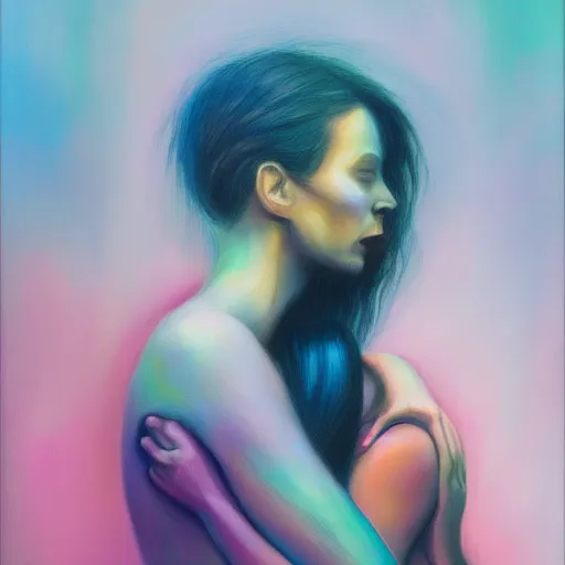 Prompt: stunning matte painting portrait of a young woman hugging an abstract human figure in the style of Meredith Marsone, spring colors