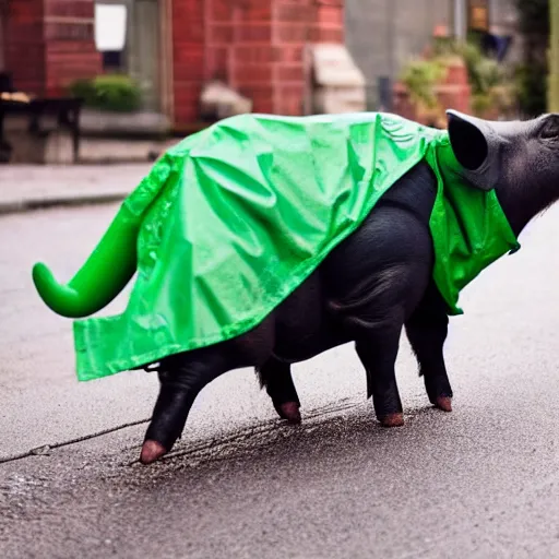 Prompt: photograph of a cute pig walking upright wearing a green dinosaur raincoat