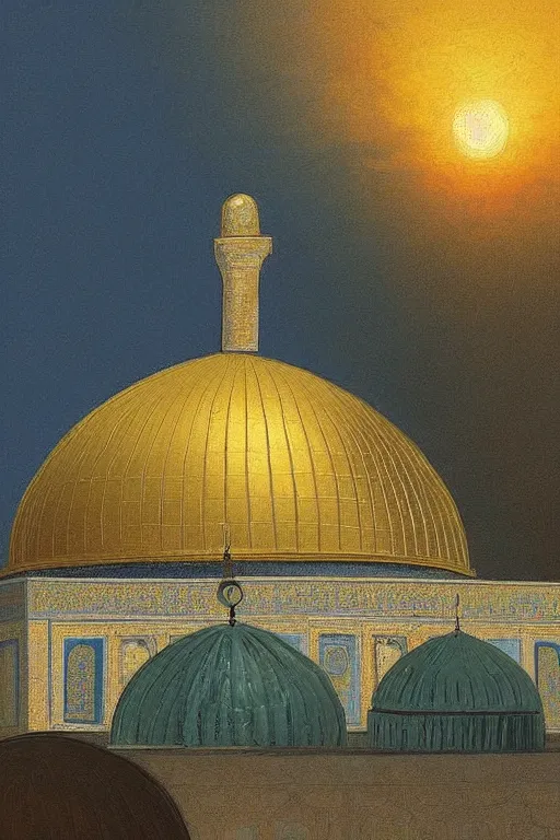 Image similar to a beautiful illustration of dome of the rock jerusalem and f a muslim is praying in front of it, impasto paint in the style of martin johnson heade and h. r. giger