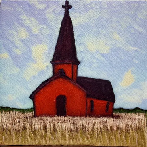 Image similar to oil on styrofoam crust - painting with melt of a small white country church in a corn field ( very sinister and sweet )