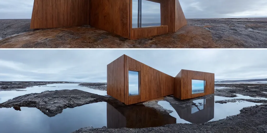 Image similar to futuristic architect house made from deconstucted ash wood and mirrors, floating, portal, refraction, iceberg, polar bear, iceland landscape photography, by lurie belegurschi and gunnar freyr