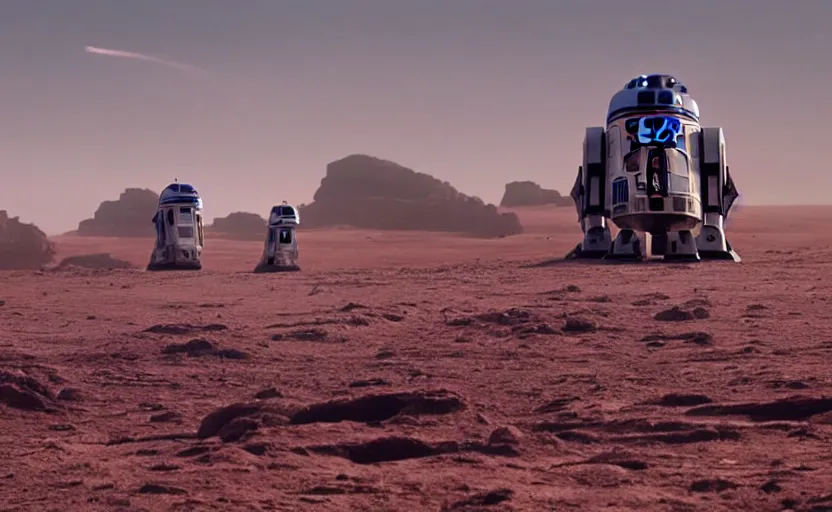 Prompt: a screenshot wide shot of hybrid giant R2-D2 mixed with an AT-AT land walkers, marching on a red landscape, from Star Wars The Last Jedi, iconic scene from the 1980 film directed by Stanley Kubrick, shot on anamorphic lenses, cinematography, 70mm film, lens flare, kodak color film stock, ektachrome, immensely detailed scene, 4k