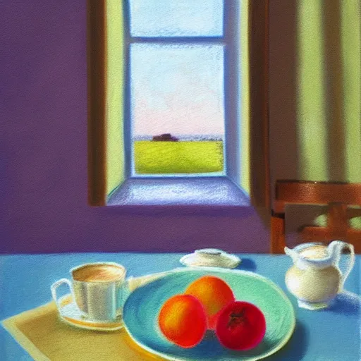 Image similar to a still life pastel painting of a breakfast table overlooking an open window