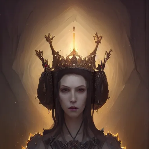 Image similar to portrait of a fantasy tall woman with black hair pale skin and a crown on her head, intricate baroque armour, glowing aura, trending on artstation, 4 k, greg rutkowski, concept art, matte painting,