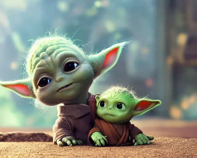 Prompt: an adorable portrait of ( ( baby yoda ) ) and baby groot!!!!, photorealistic, high resolution, anime, 8 k, hd, dof, kodak film, octane render