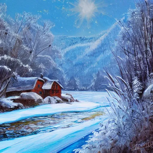 Prompt: a frozen river running past a cabin in mountain side, blizzard, classic painting, award winning, highly detailed