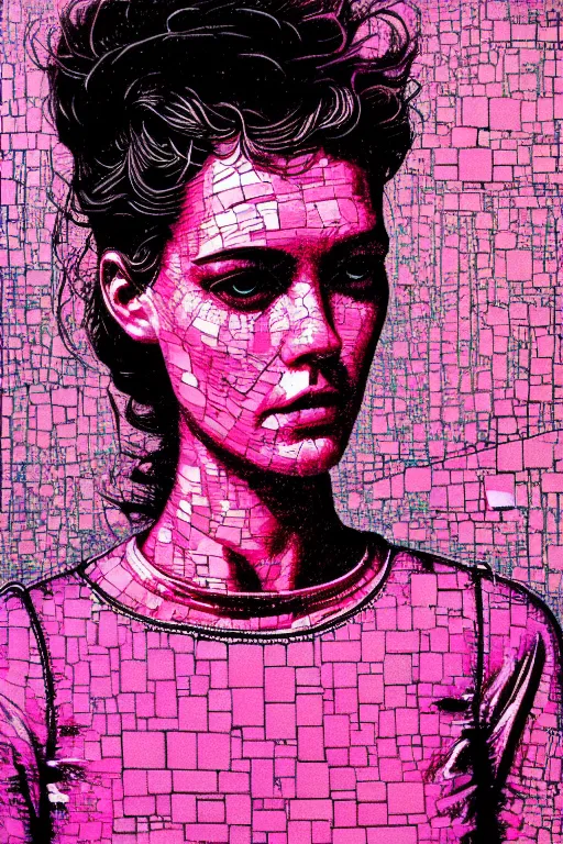 Image similar to dreamy rock girl, pink leather outfit, detailed acrylic, grunge, intricate complexity, by dan mumford and by alberto giacometti, peter lindbergh, malevich, william stout