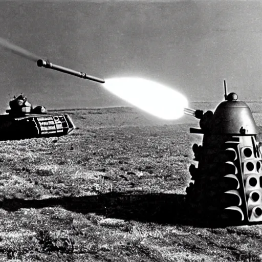 Image similar to a photograph of a dalek firing its laser at a soviet t - 3 4 tank, taken during 1 9 4 4