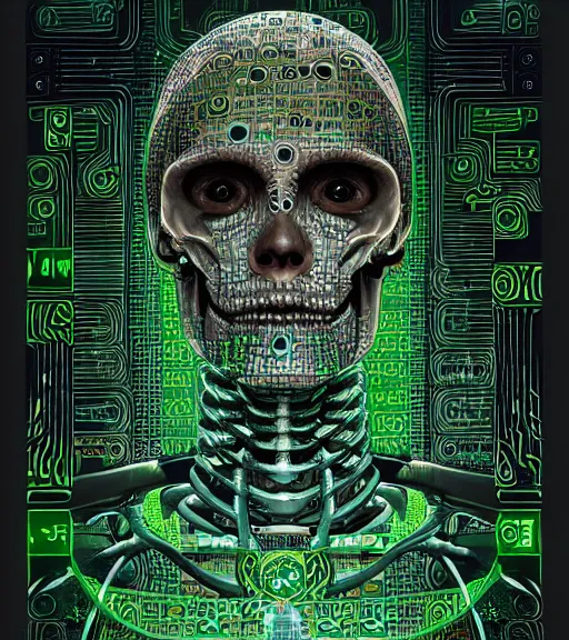 Image similar to portrait of a cyber skeleton with green runes by dariusz zawadzki, kenneth blom, mental alchemy, james jean, pablo amaringo, naudline pierre, contemporary art, hyper detailed
