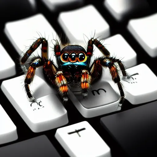 Image similar to a jumping spider using computer small keyboard, by pixar, macro lens, iridescent, montage