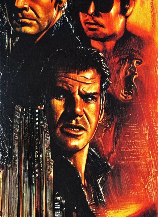 Image similar to 32 year old Jack Nicholson, instead of Harrison Ford, on the original movie poster of blade runner, 1982, movie poster, highly detailed, high quality,