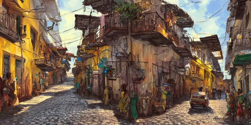 Prompt: Streets of pelorinho in salvador bahia Brazil, digital art, in style of Mike Azevedo, trending on art station