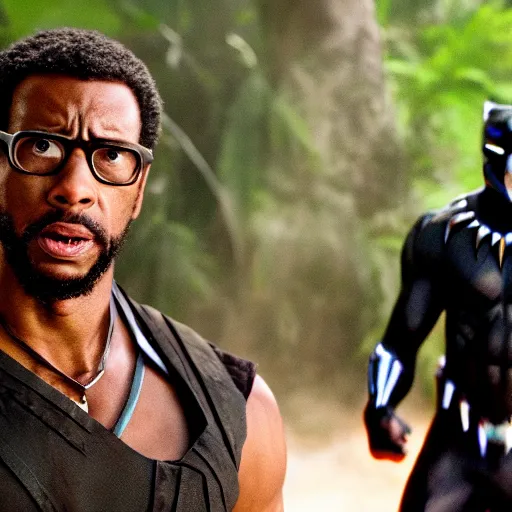 Image similar to cinematic still of kirk lazarus from tropic thunder as black panther