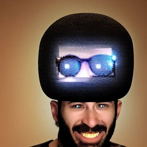 Prompt: man infused with TV on his head, detailed