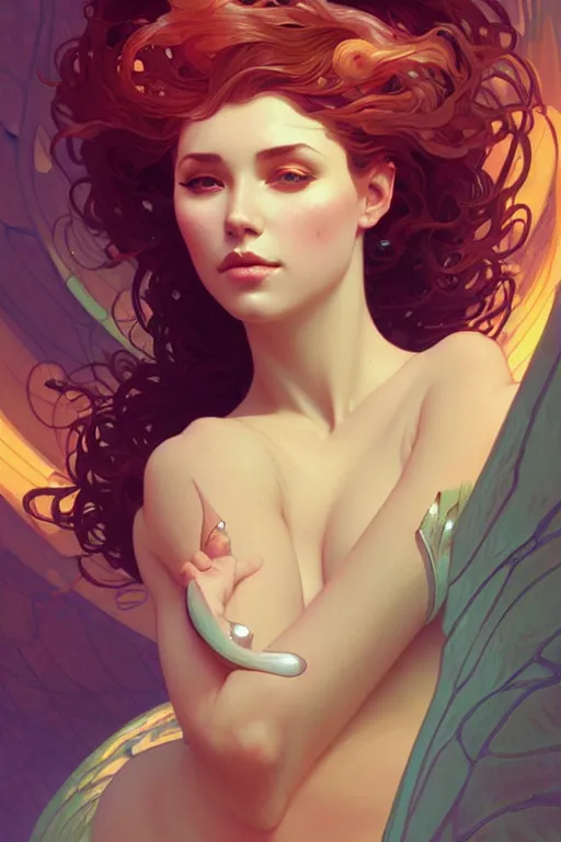 Image similar to a very beautiful siren woman, fantasy, portrait, sharp focus, intricate, elegant, digital painting, artstation, matte, highly detailed, concept art, illustration, ambient lighting, art by ilya kuvshinov, artgerm, Alphonse mucha, and Greg Rutkowski