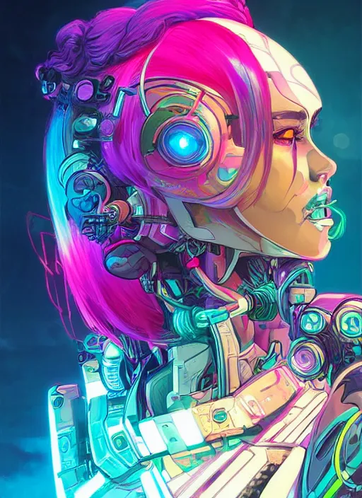 Prompt: A beautiful portrait of a cyberpunk mecha queen with neon hair, digital art by Ross Tran and Dan Mumford, vibrant color scheme, highly detailed, outrun art style