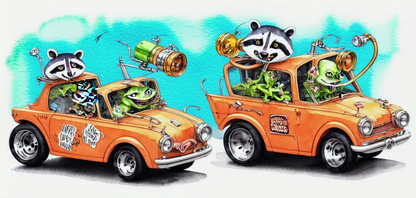 Image similar to cute and funny, racoon riding in a tiny hot rod with oversized engine, ratfink style by ed roth, centered award winning watercolor pen illustration, isometric illustration by chihiro iwasaki, edited by range murata, tiny details by artgerm and watercolor girl, symmetrically isometrically centered