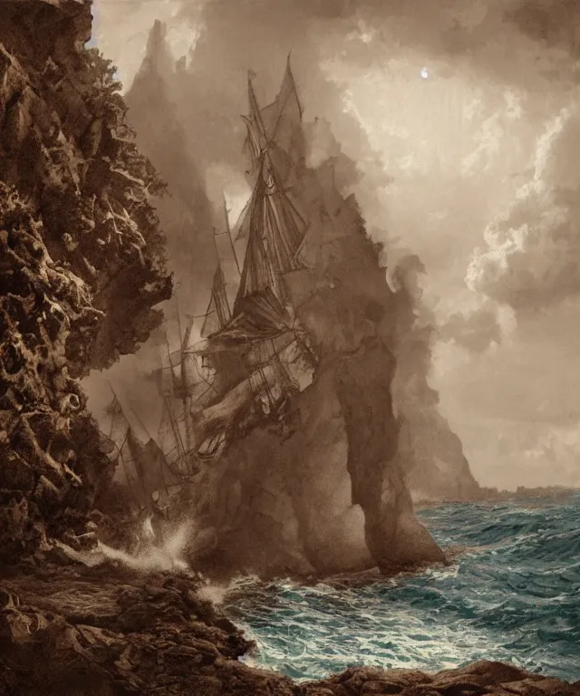 Image similar to photorealistic sepia painting of a pirate ship sailing in front of a tropical island cliff with the mouth of a grotto at the waterline, dark, brooding, atmospheric, lovecraft, by dave dorman