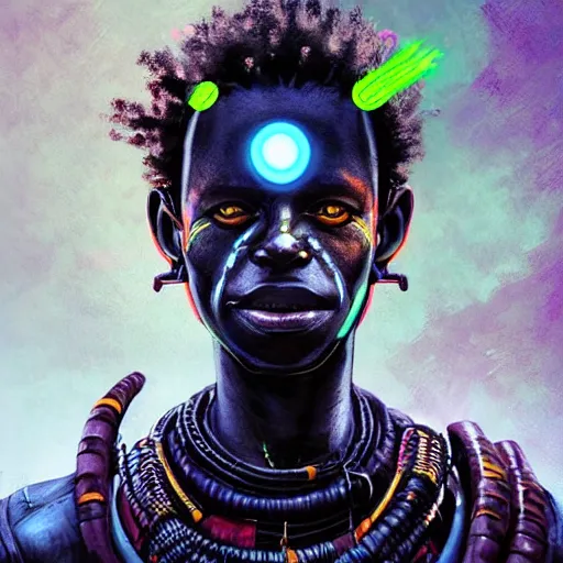 Image similar to a dark and ominous cyborg african child soldier with glowing eyes and tribal facial scarification, neon graffiti, Apex Legends character digital illustration portrait design, by android jones and greg rutkowski in a cyberpunk voodoo style, retrowave color scheme, detailed, cinematic lighting, wide angle action dynamic portrait