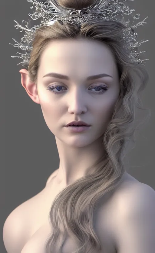 Prompt: complex 3 d render, ultra detailed, realistic headshot portrait of a beautiful porcelain skin woman, face, wispy, wavy hair worn tied back in a messy bun, wearing filigree silver elven circlet, wearing white chiffon dress, detailed open eyes, round catchlights, flowers in hair, mauve lips, 5 0 mm lens, beautiful, studio portrait,