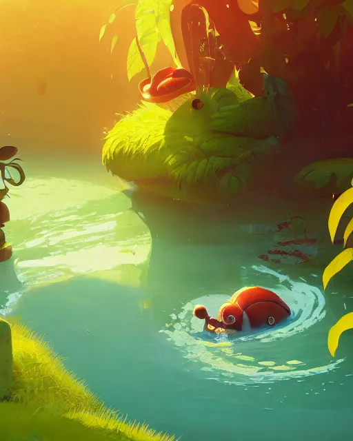 Image similar to a giant caterpillar taking a bath in a well with lush vegetation around in autumn, cory loftis, james gilleard, atey ghailan, makoto shinkai, goro fujita, character art, rim light, exquisite lighting, clear focus, very coherent, plain background, soft painting