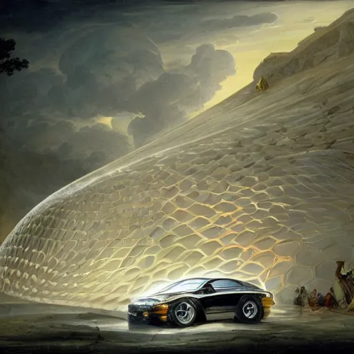 Image similar to sci-fi car dynamic organic forms structure car and wall structure in the coronation of napoleon painting by Jacques-Louis David black ceramic material shiny gloss water reflections search pinterest keyshot product render 4k