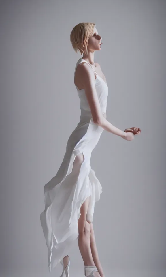 Image similar to photo of gorgeous seductive tall emily skinner cosplaying annie leonhart wearing elegant white dress, wearing open toe heels, in a white room, beautiful face, pale skin, rule of thirds, cinematic lighting, sharp focus, backlit, stunning, smooth, hard focus, full body shot, studio photo, shot on sony a 7 iii