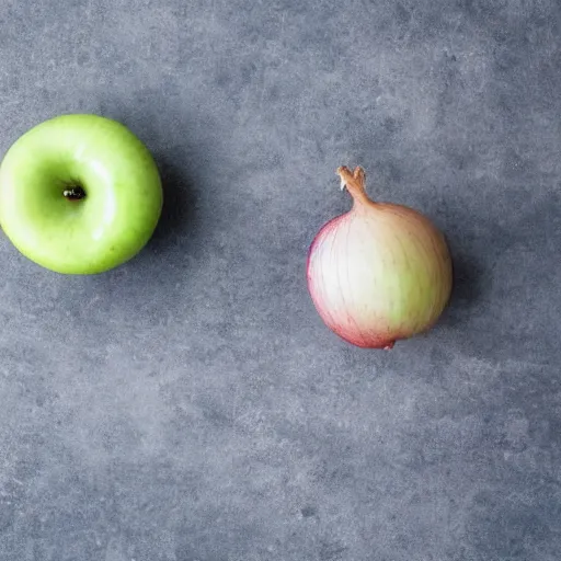 Prompt: scale with one apple in one side and one onion in the other